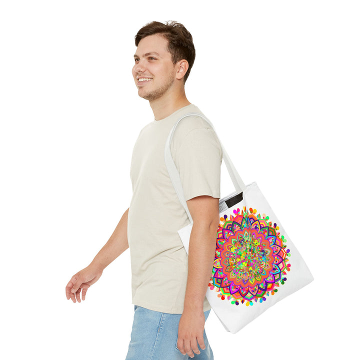 Beautiful and vibrant mandala art tote bag, featuring a colorful and intricate design perfect for carrying your essentials in style