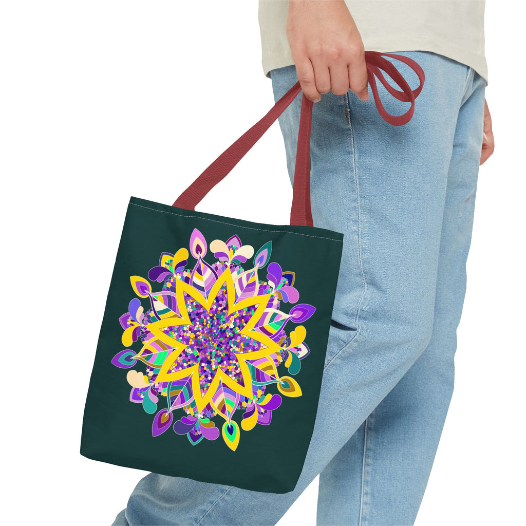 Dark green zen girl mandala tote bag with colorful design by Blululi, perfect for adding a touch of tranquility and style to your look