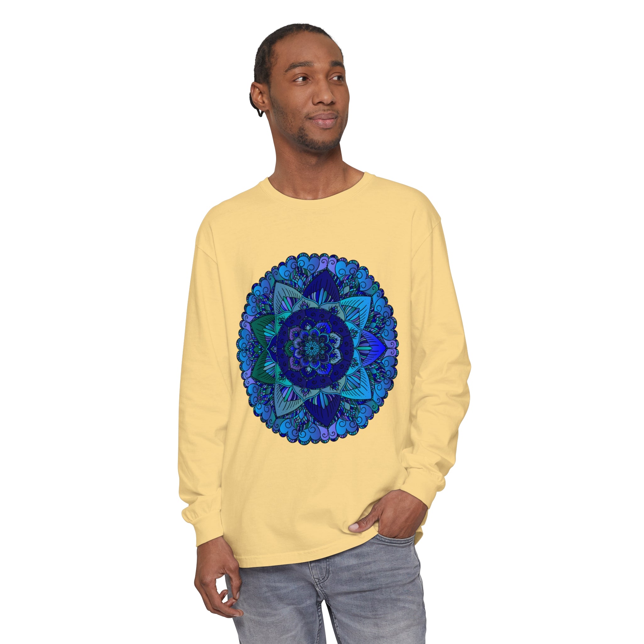 Dark Blue & Green Mandala Long Sleeve T-Shirt with intricate mandala design