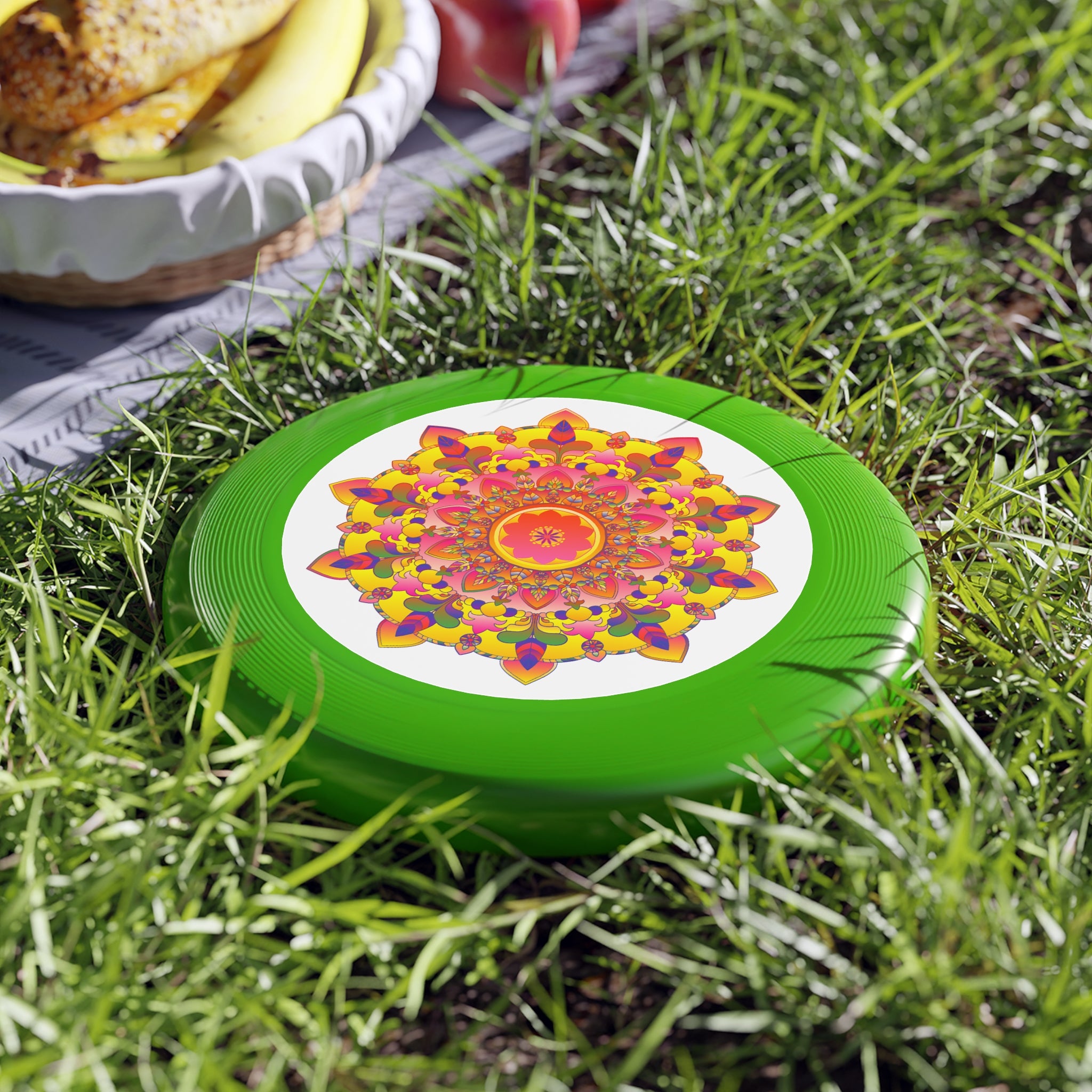 Eye-catching frisbee featuring a vibrant and colorful mandala pattern