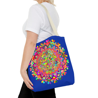 Eye-catching dark blue tote bag with a stunning and vibrant mandala print