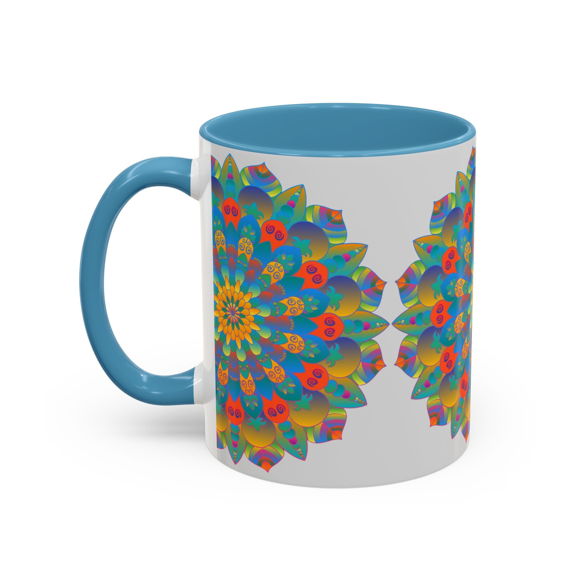 Vibrant yellow, orange, and blue Mandala Art Mug featuring intricate geometric design