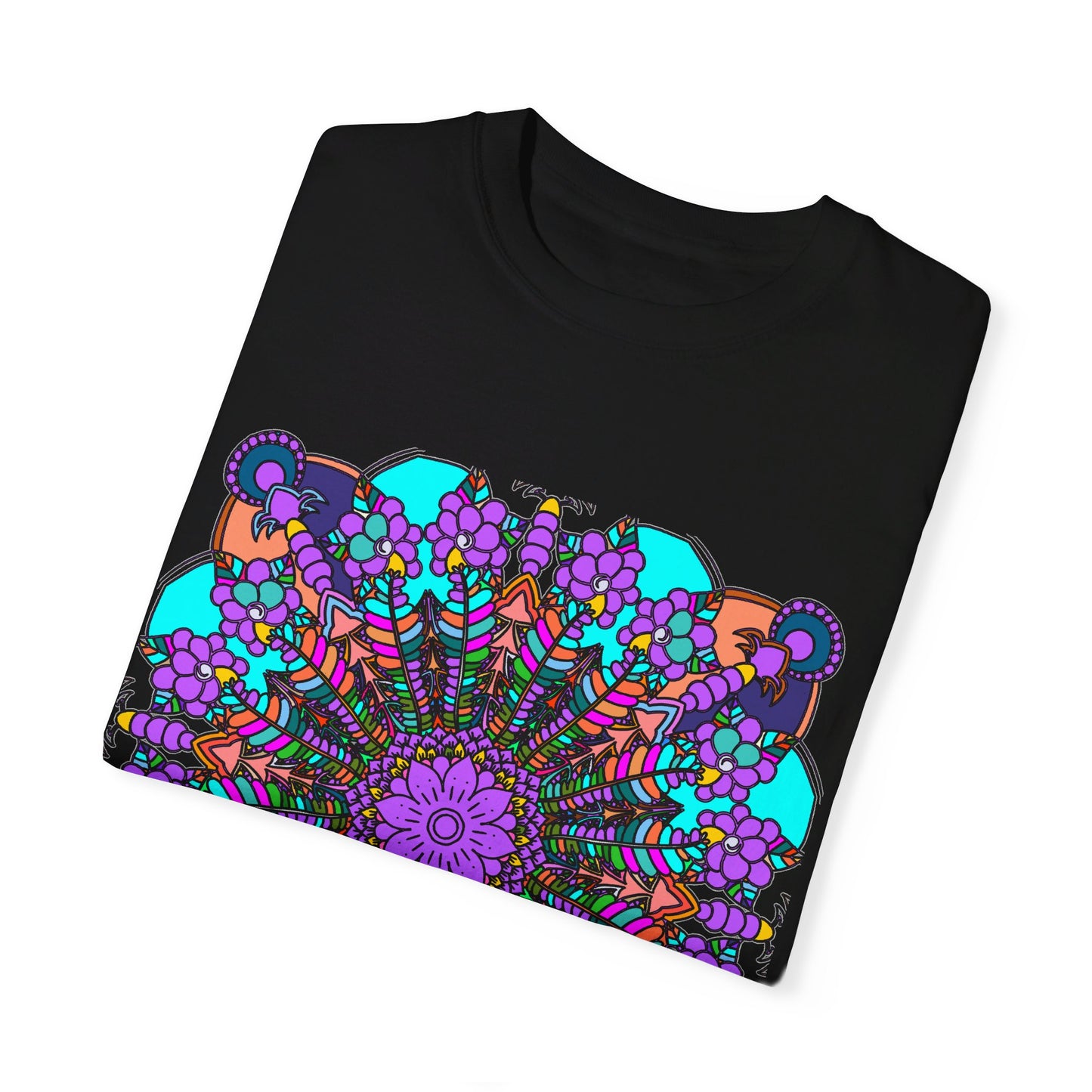 Unisex mandala t-shirt made of 100% ring-spun cotton, featuring hand-drawn mandala art and garment-dyed for extra comfort