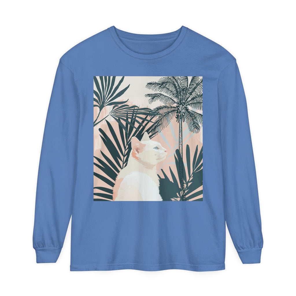 White Cat Tropical Mandala Long Sleeve T-Shirt with vibrant design and comfortable fit for casual wear