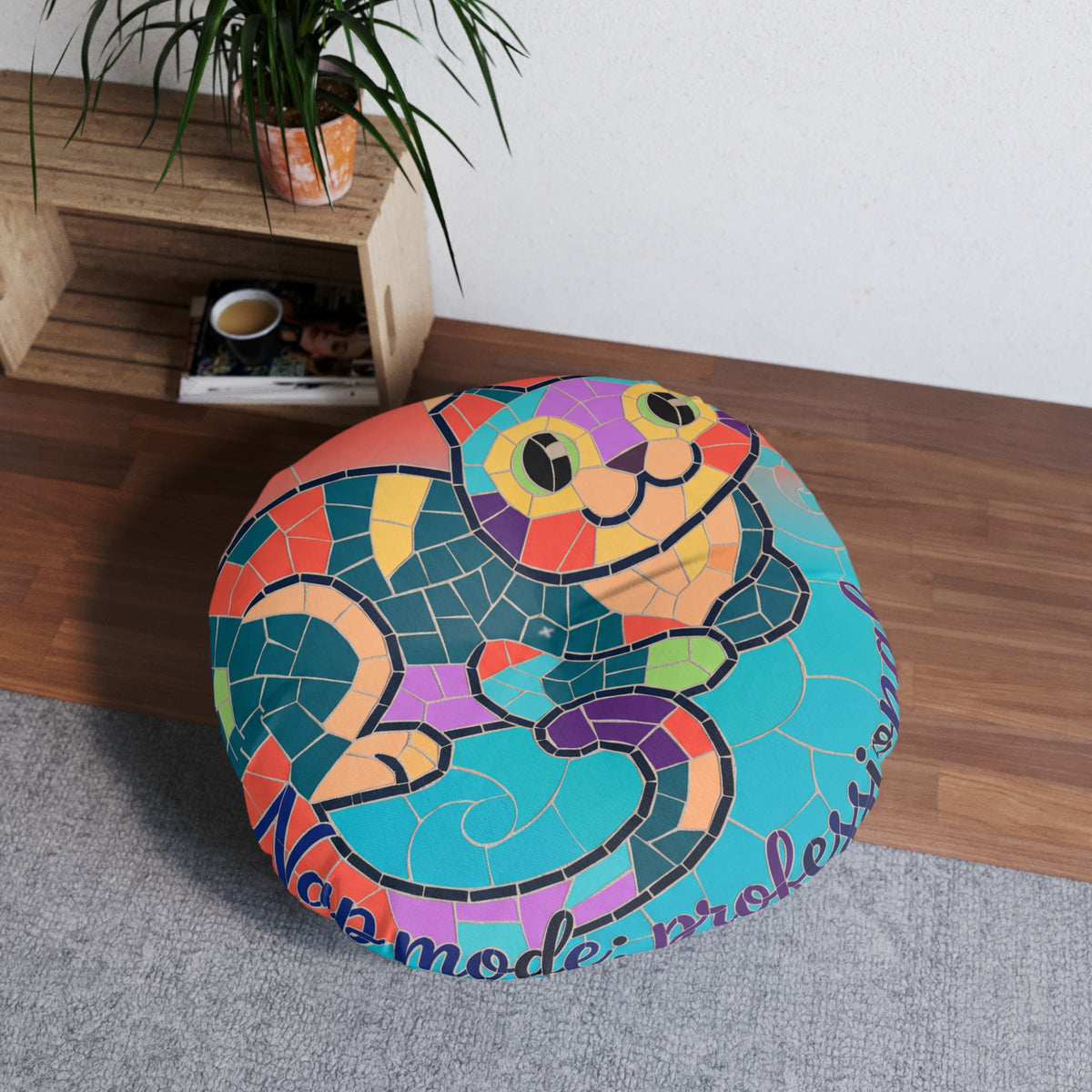 Cuscino da pavimento rotondo a forma di gatto con motivo a mosaico