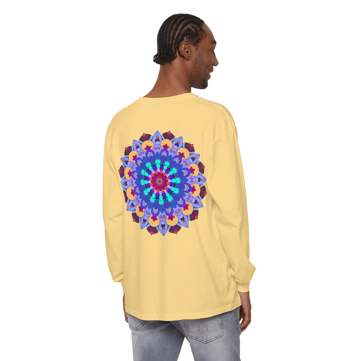 Colorful and intricate mandala design adorns this long sleeve t-shirt