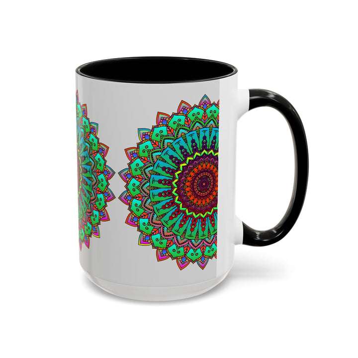 Beautiful light grey ceramic mug with colorful mandala art design