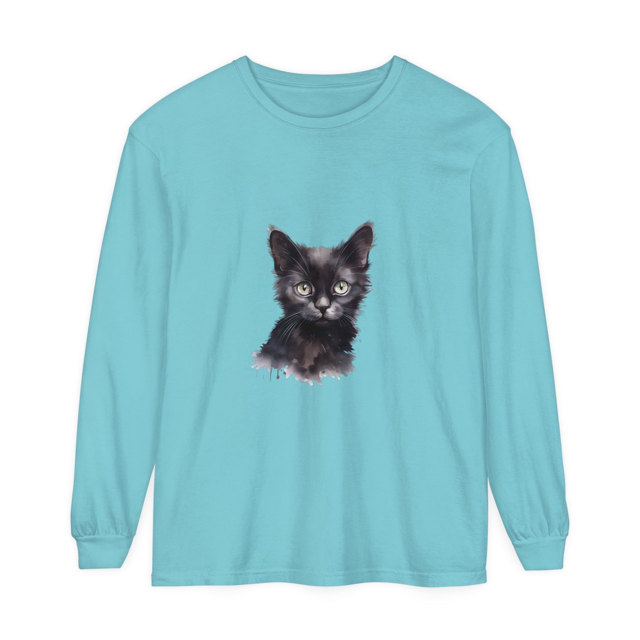 Black Cat Watercolor Long Sleeve T-Shirt - Stylish, comfortable, and unique watercolor design featuring a black cat on a long sleeve t-shirt