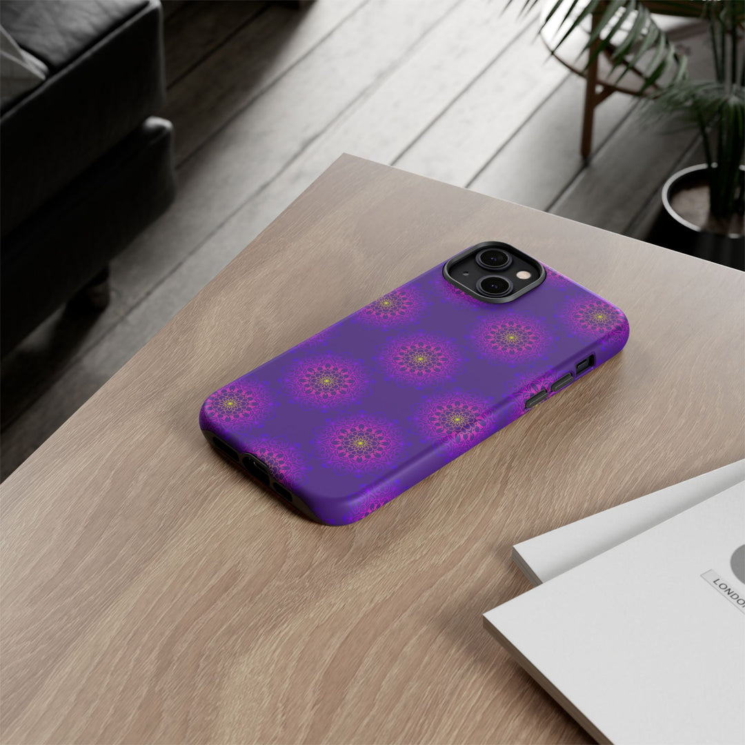Intricate Purple Floral iPhone Case with Bold Mandala Design
