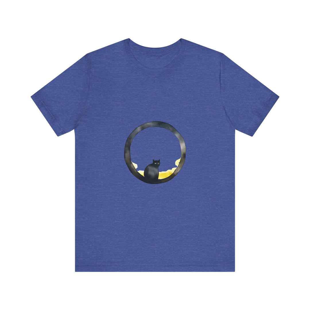 A black cat sitting on a crescent moon, surrounded by stars, on a whimsical style tee shirt