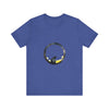 A black cat sitting on a crescent moon, surrounded by stars, on a whimsical style tee shirt