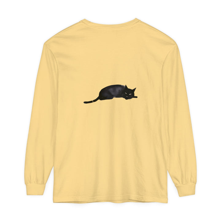 A cozy unisex long sleeve t-shirt featuring a cute black cat sleeping peacefully