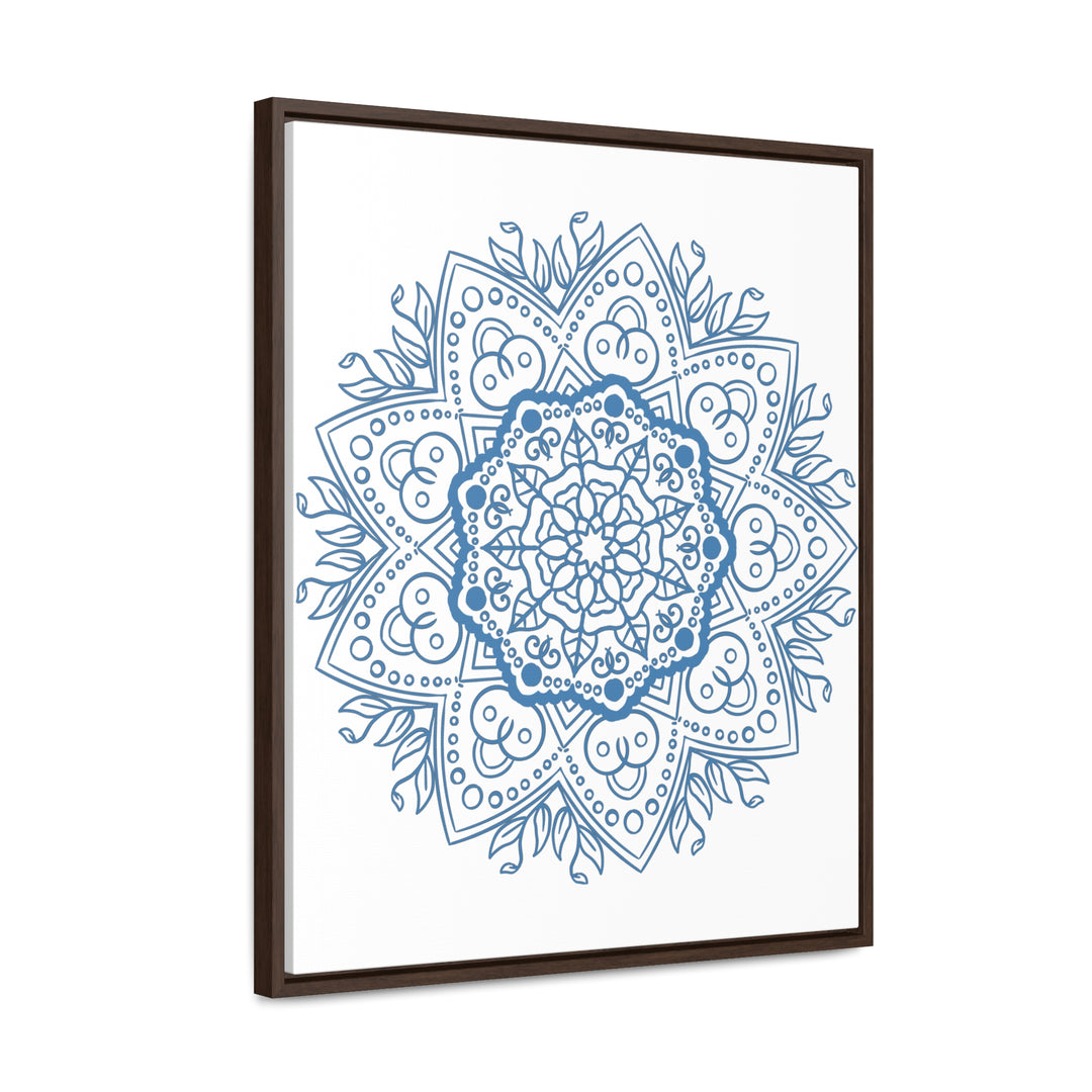 Beautiful handmade steel blue mandala design wall art on gallery canvas wraps, displayed in a vertical frame