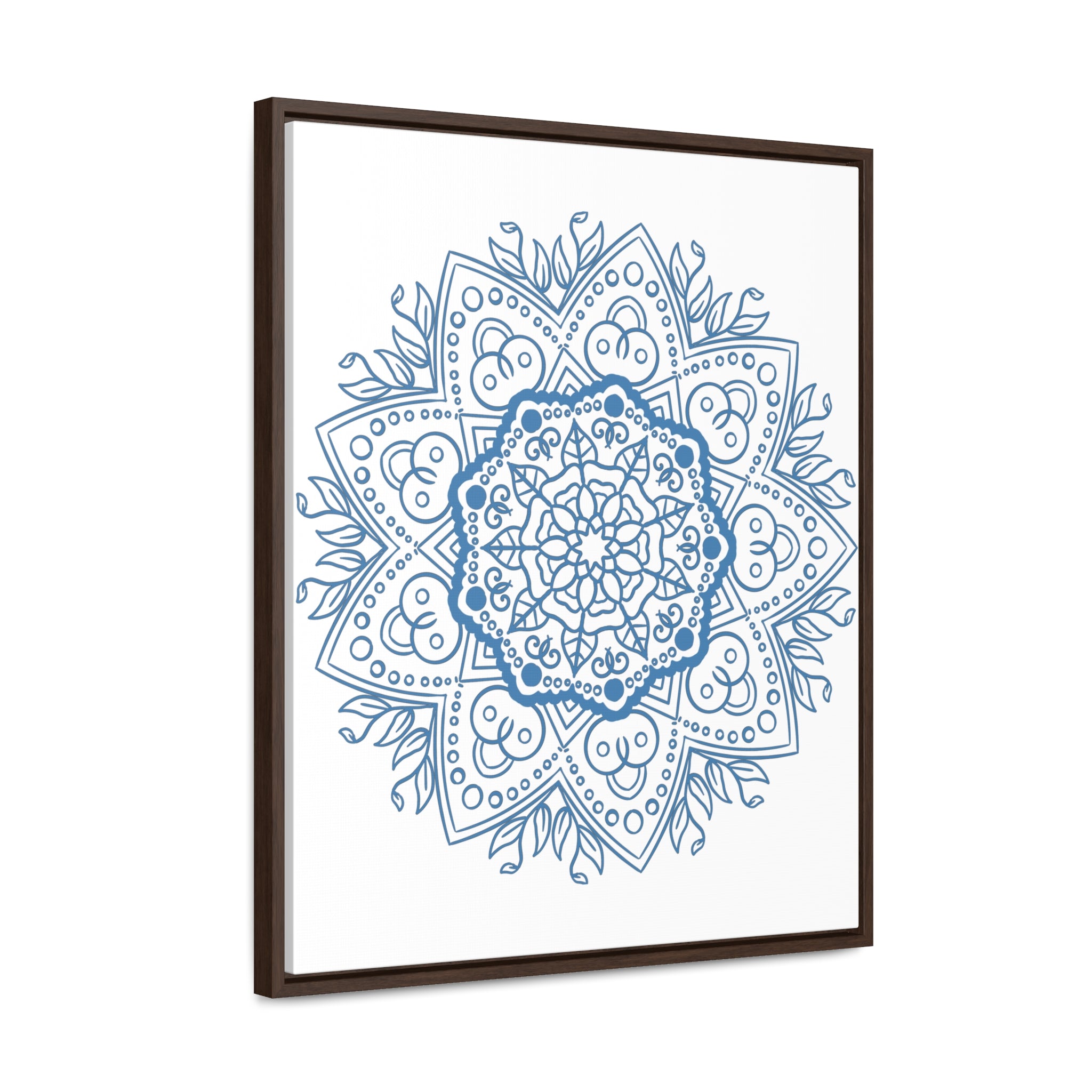 Beautiful handmade steel blue mandala design wall art on gallery canvas wraps, displayed in a vertical frame