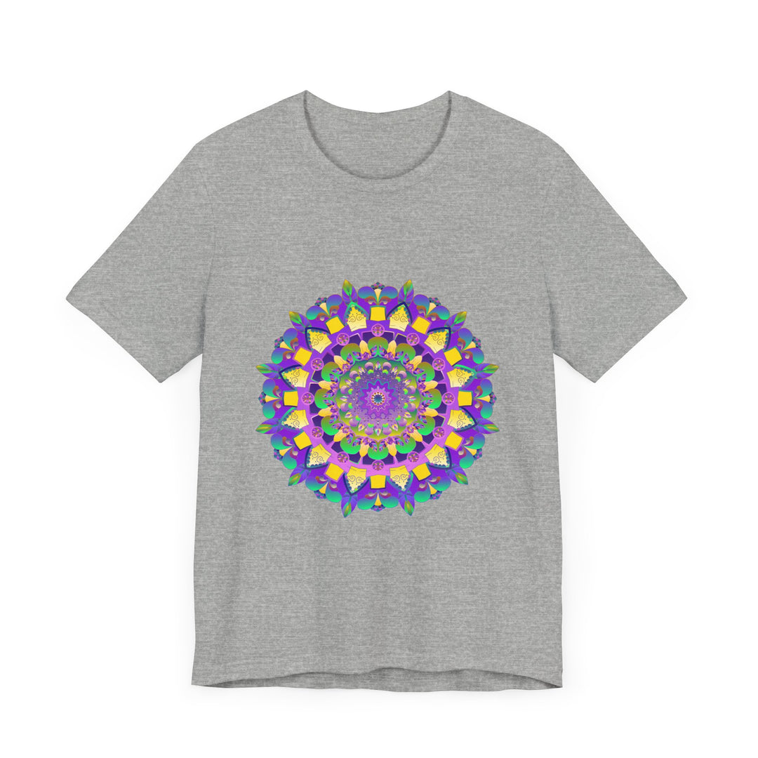 Vibrant mandala tee in shades of blue and purple, featuring intricate designs symbolizing peace and harmony