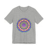 Vibrant mandala tee in shades of blue and purple, featuring intricate designs symbolizing peace and harmony