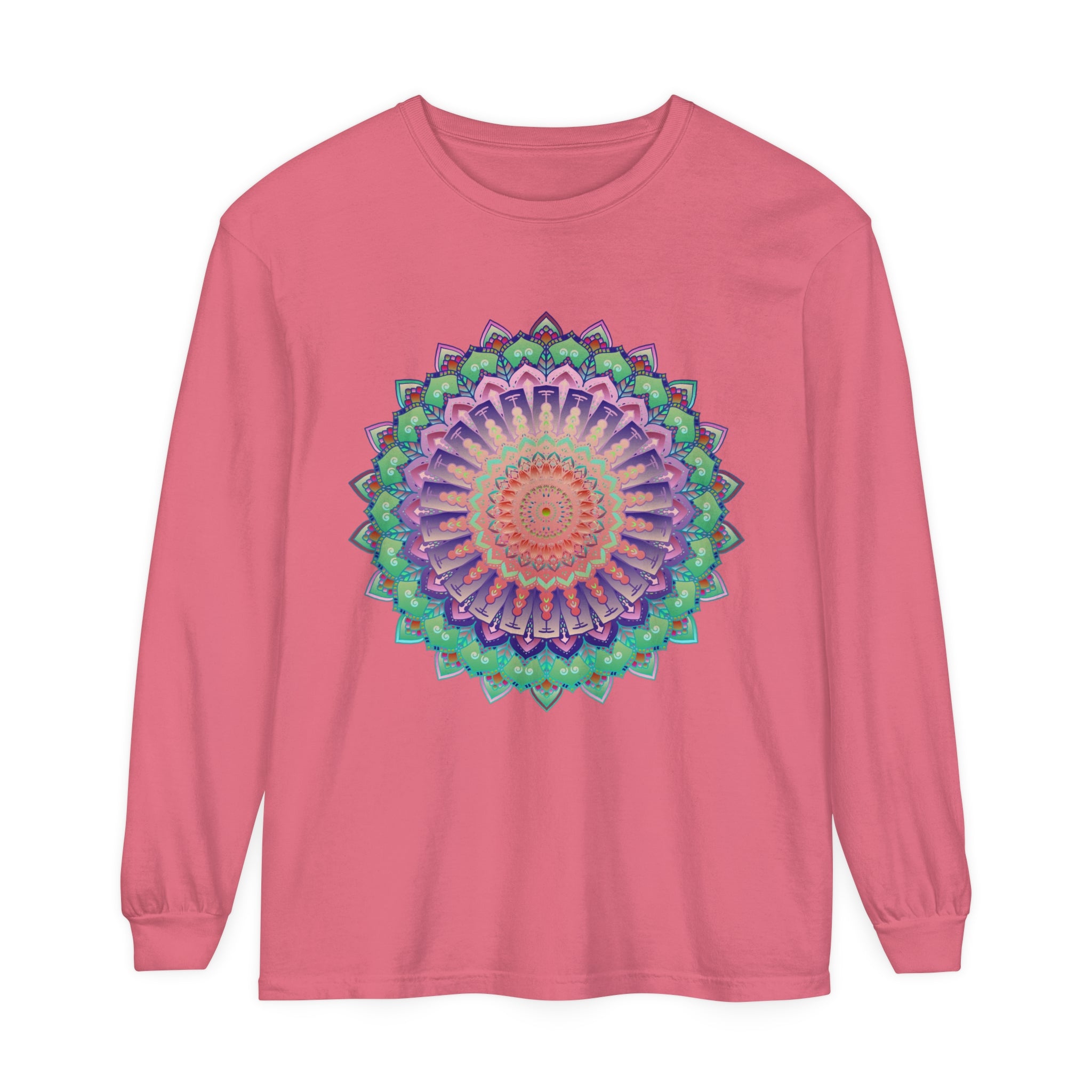 Unisex long sleeve t-shirt featuring a vibrant mandala design on front