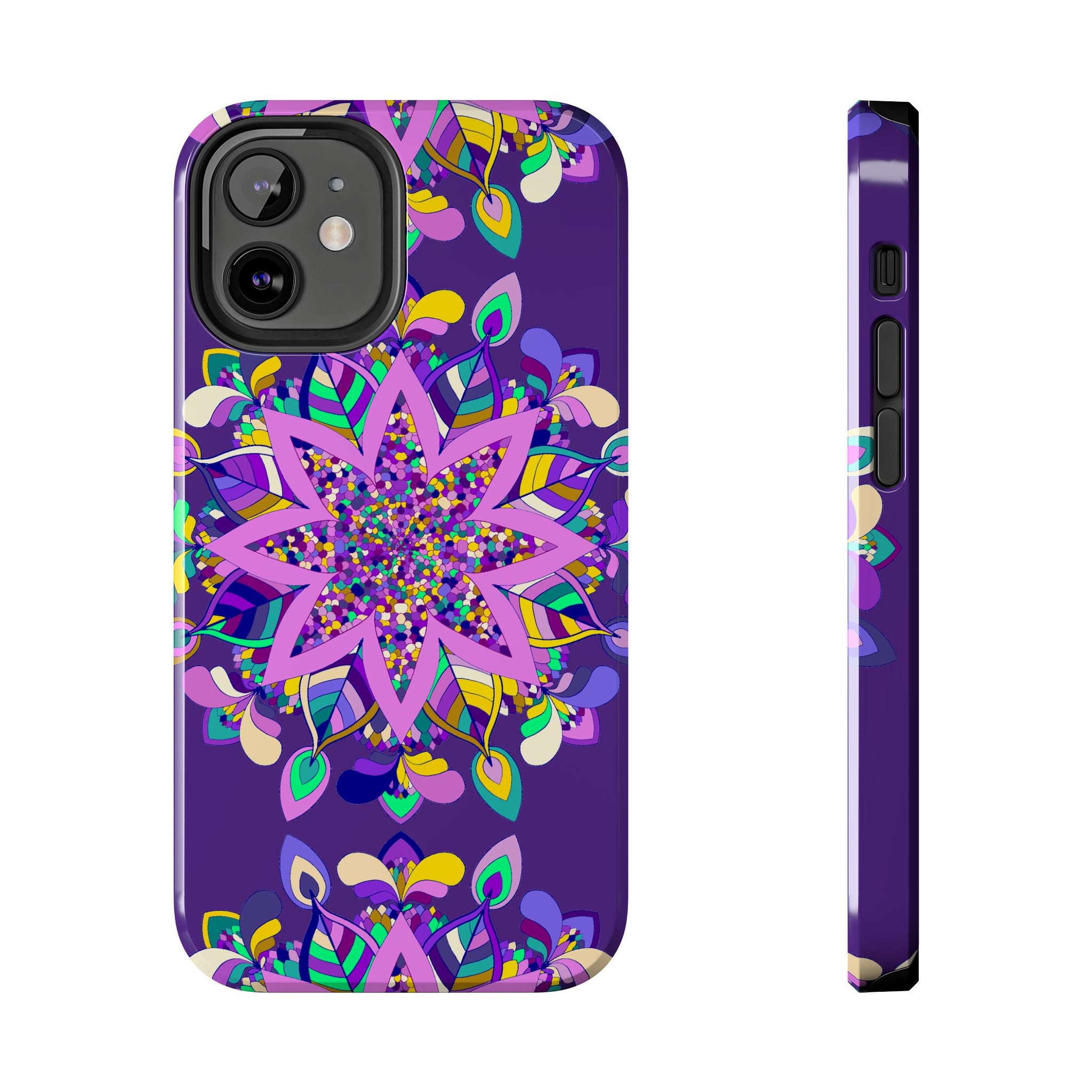 Hand-drawn purple Mandala Art iPhone X/XS phone case, showcasing intricate and detailed design for stylish protection and adornment