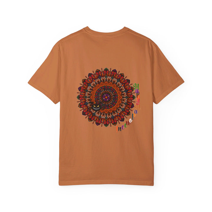 A colorful unisex Halloween Mandala T-shirt featuring handmade pumpkin mandala art on a garment-dyed tee