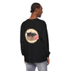 Watercolor long sleeve t-shirt featuring a cute sleeping cat in a bowl design