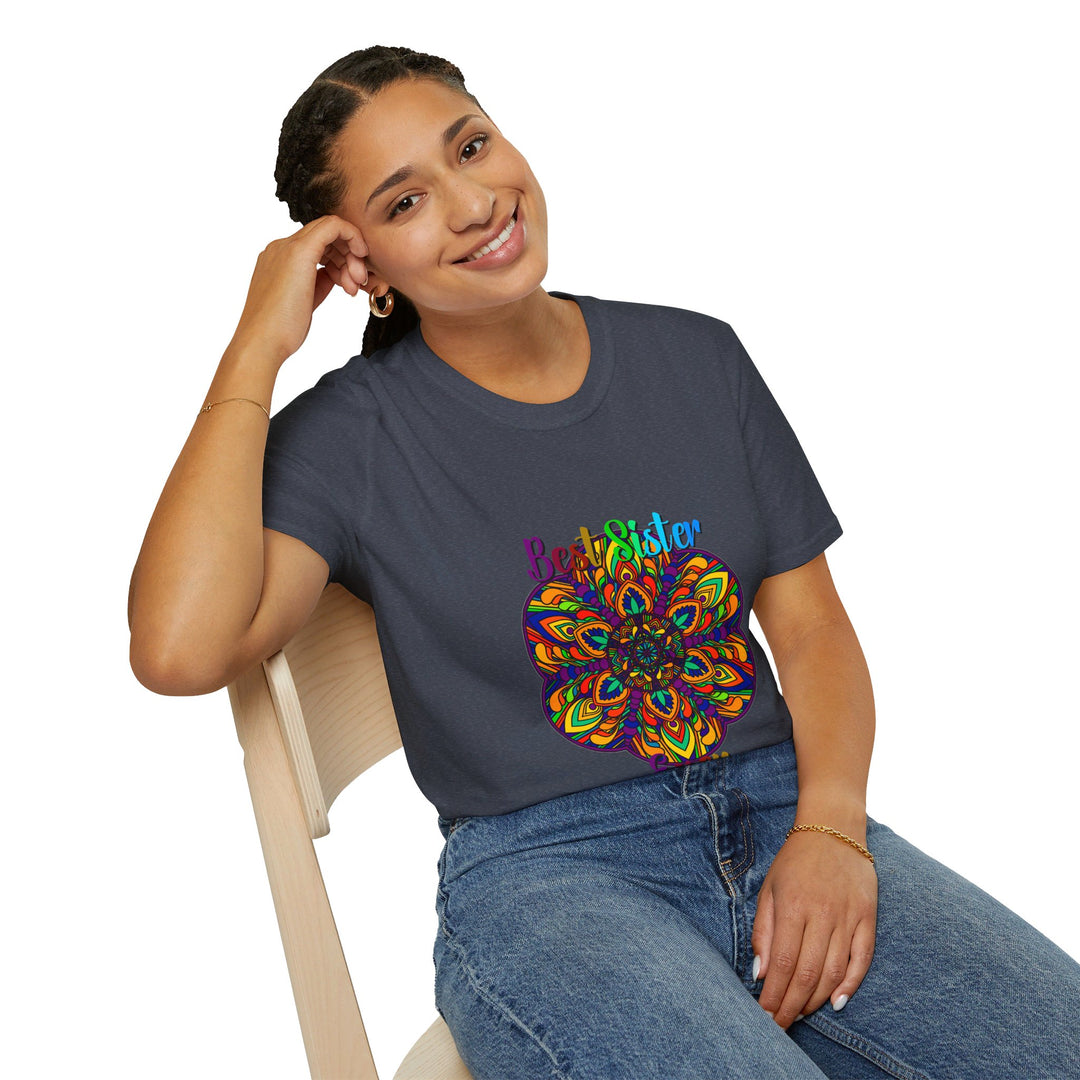 Softstyle T-shirt with hand-drawn mandala art design, perfect gift for sister