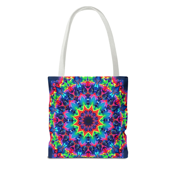 Colorful and intricate psychedelic mandala tote bag with vibrant designs