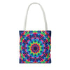 Colorful and intricate psychedelic mandala tote bag with vibrant designs