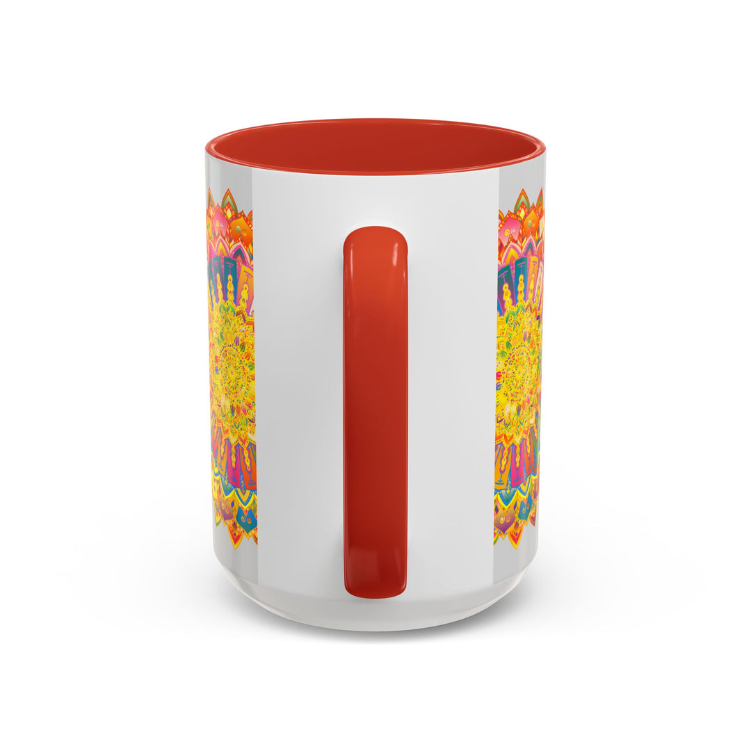 Colorful mandala mug featuring vibrant and intricate art designs on a grey background