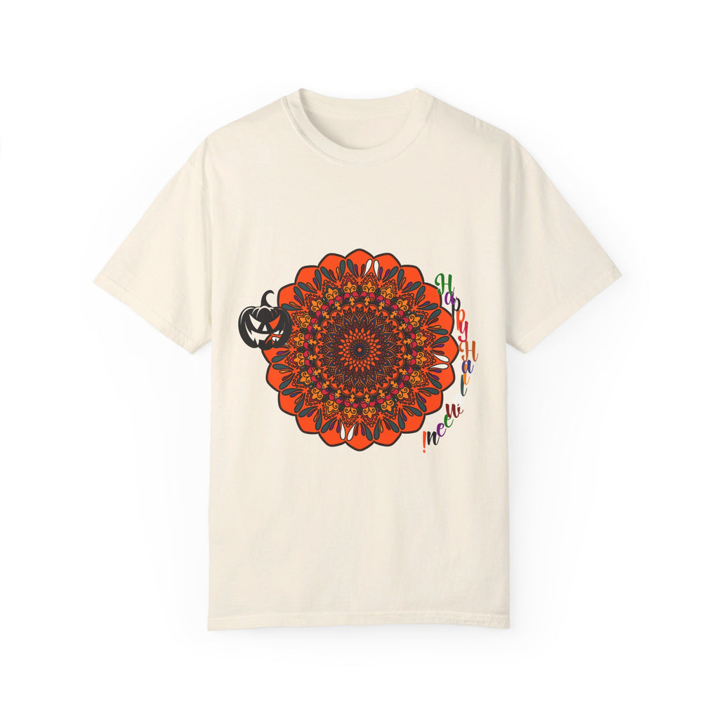 Unisex Halloween Mandala T-shirt featuring a handmade pumpkin mandala art design on a garment-dyed tee