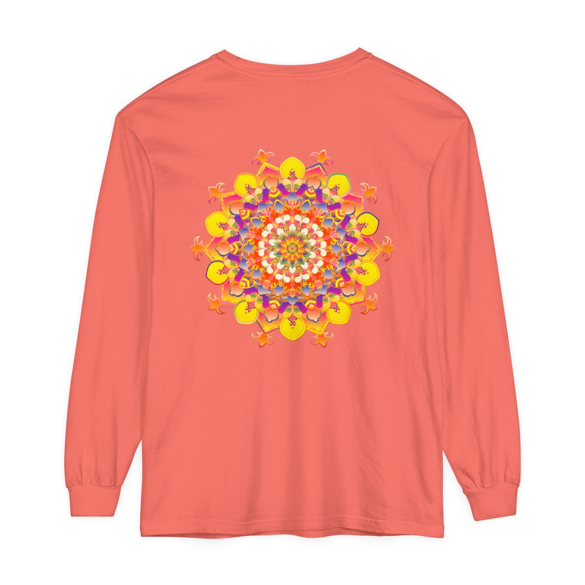 Colorful and intricate mandala design on a unisex long sleeve t-shirt