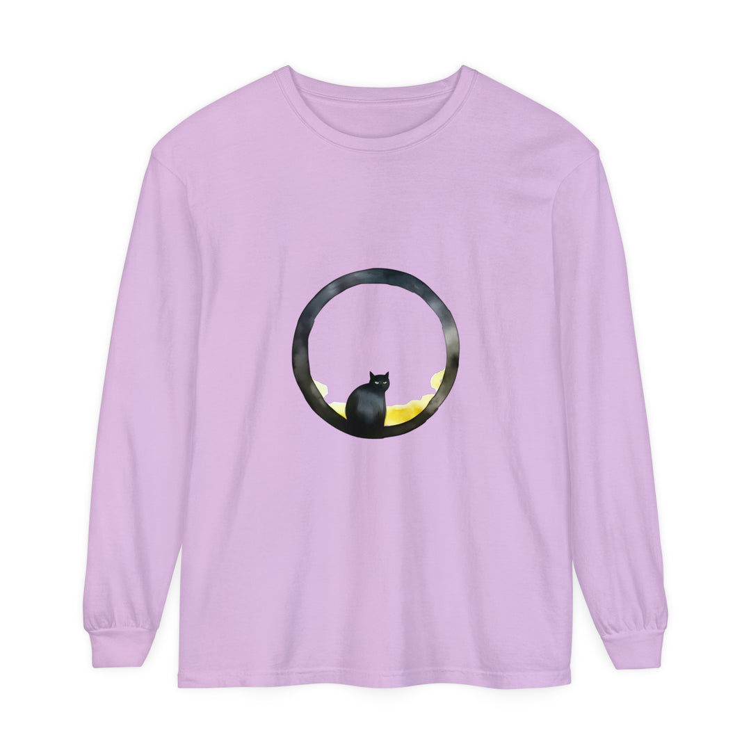 Black Cat Moon Glow Long Sleeve T-Shirt: A black t-shirt featuring a glowing moon with a cat silhouette, perfect for Halloween and cat lovers