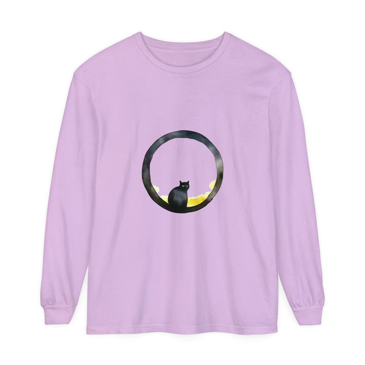 Black Cat Moon Glow Long Sleeve T-Shirt: A black t-shirt featuring a glowing moon with a cat silhouette, perfect for Halloween and cat lovers