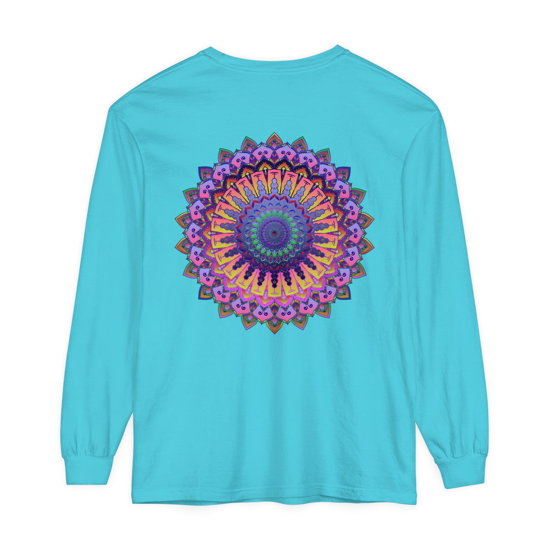 Colorful and detailed mandala design on a unisex long sleeve t-shirt