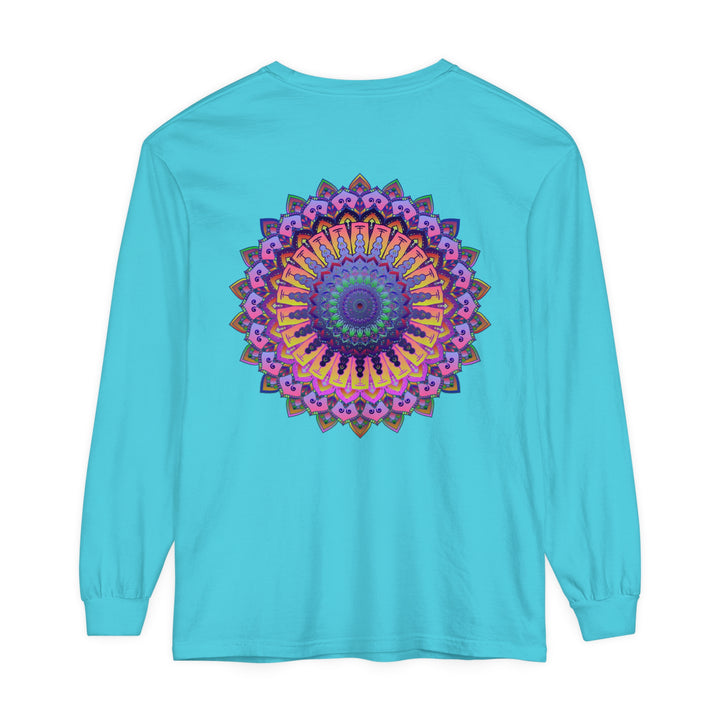 Colorful and detailed mandala design on a unisex long sleeve t-shirt