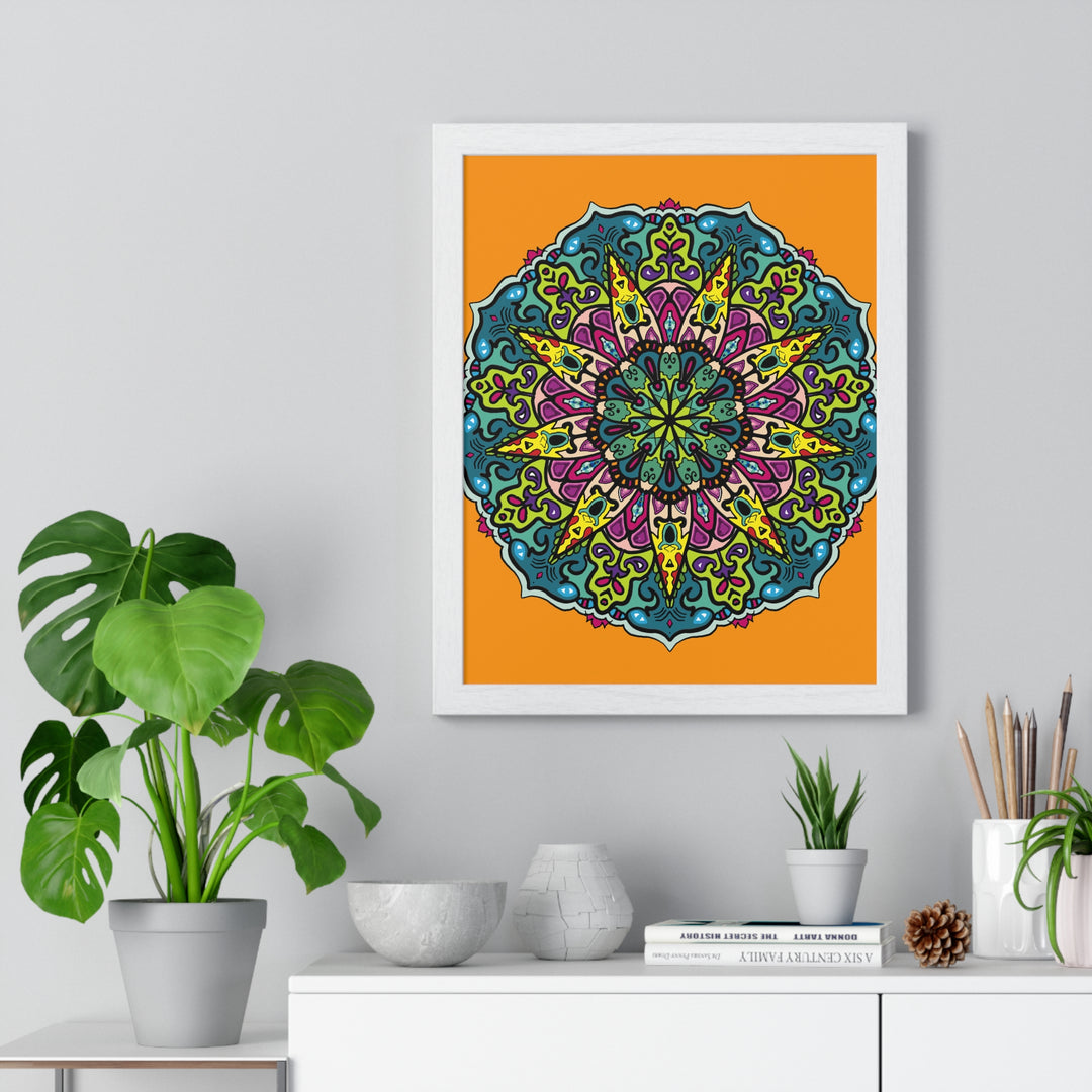 Mandala Art Drawn by Hand, Vertical Framed Poster with Orange Mandala, Perfect for Mindfulness and Yoga Practices