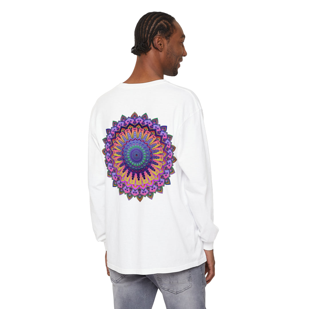 A detailed and colorful Intricate Mandala Unisex Long Sleeve T-Shirt on a mannequin