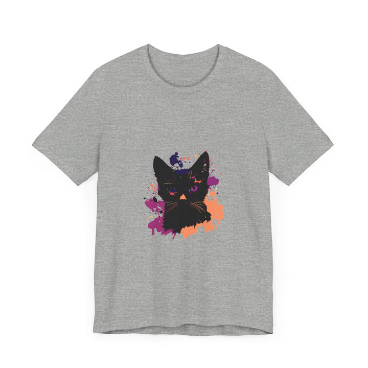 Black Cat Mystery T-Shirt with vibrant purple eyes design on front