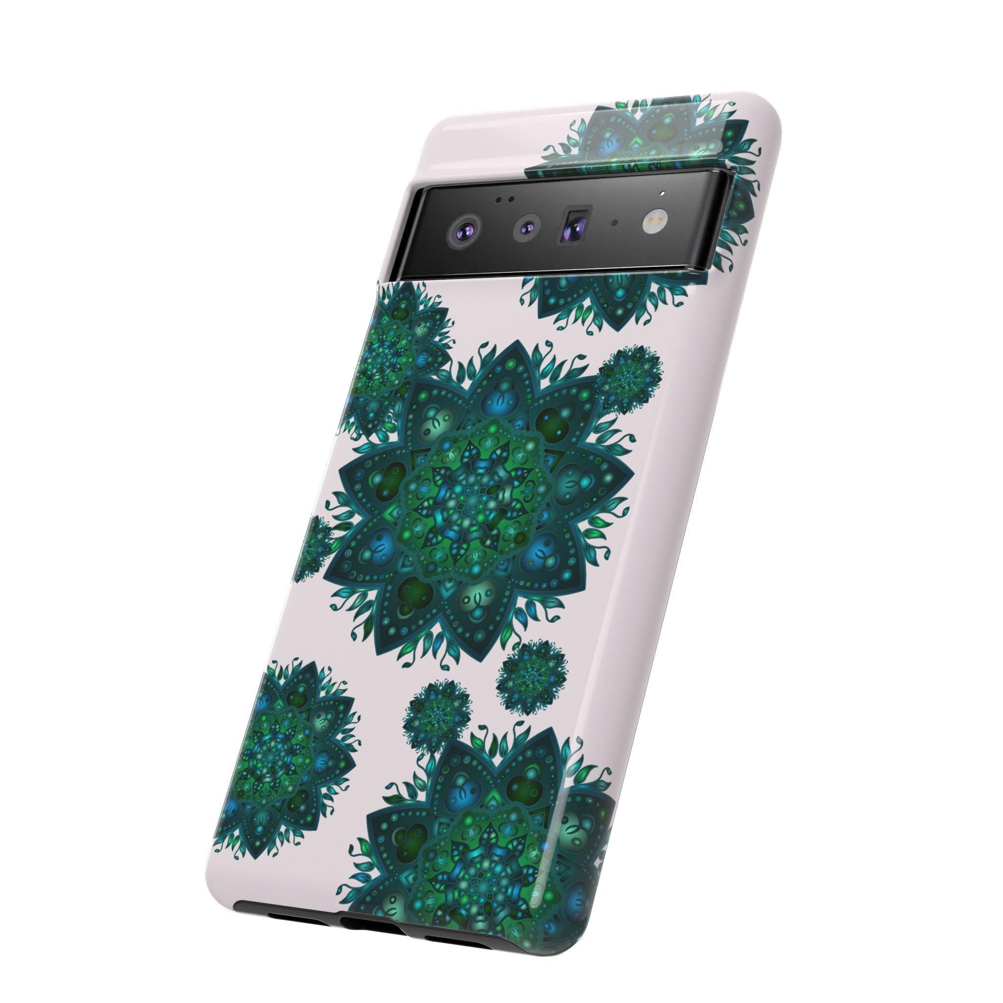 Beautiful light pink and green mandala phone case with a peaceful and intricate design