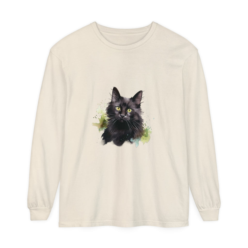 Black Cat Watercolor Splash Long Sleeve T-Shirt featuring vibrant feline design