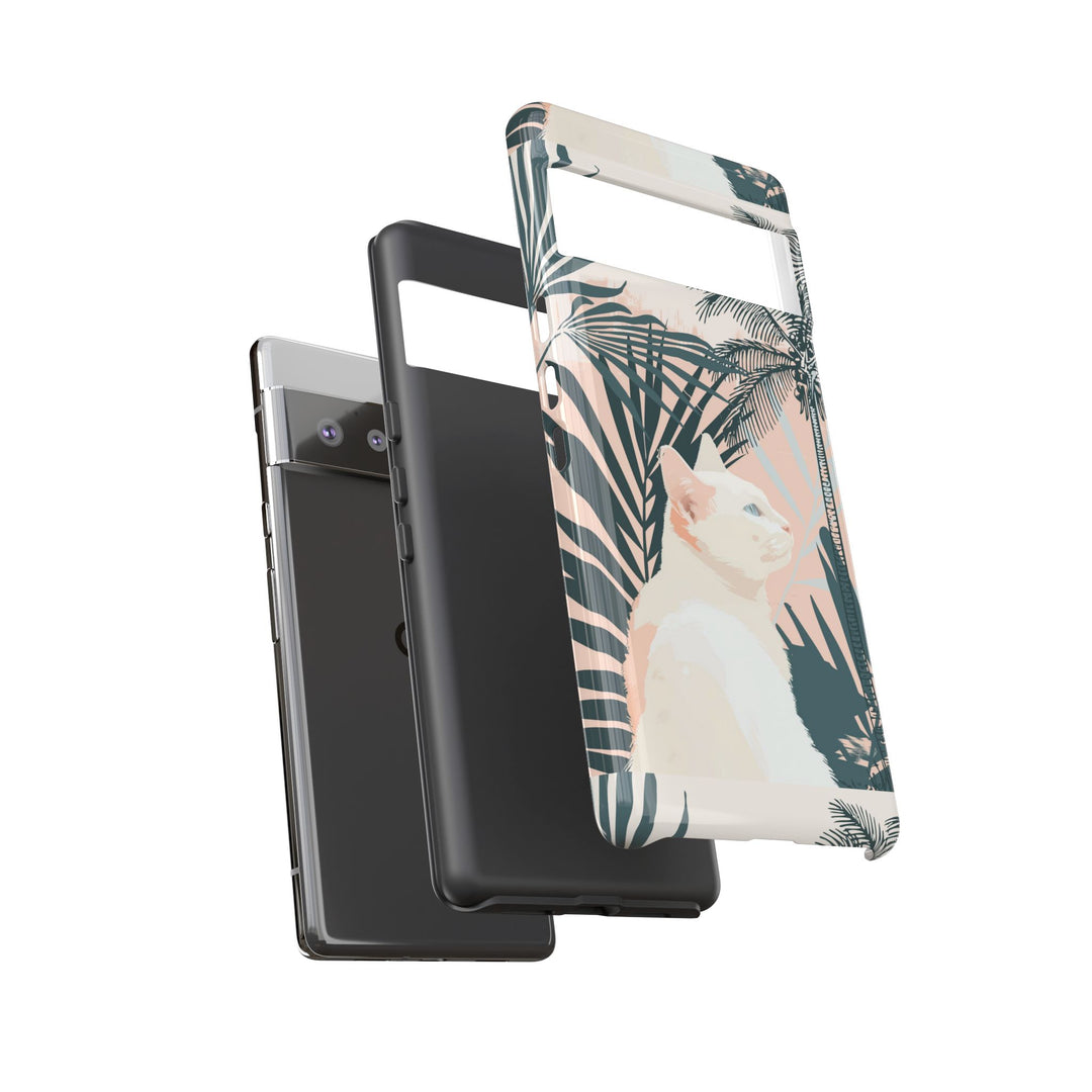 Tropische Katzen-Telefonhülle mit üppigen Palmenmotiven und sanften Pastelltönen