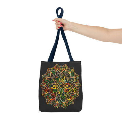 Colorful hand-drawn mandala art tote bag with all-over print design