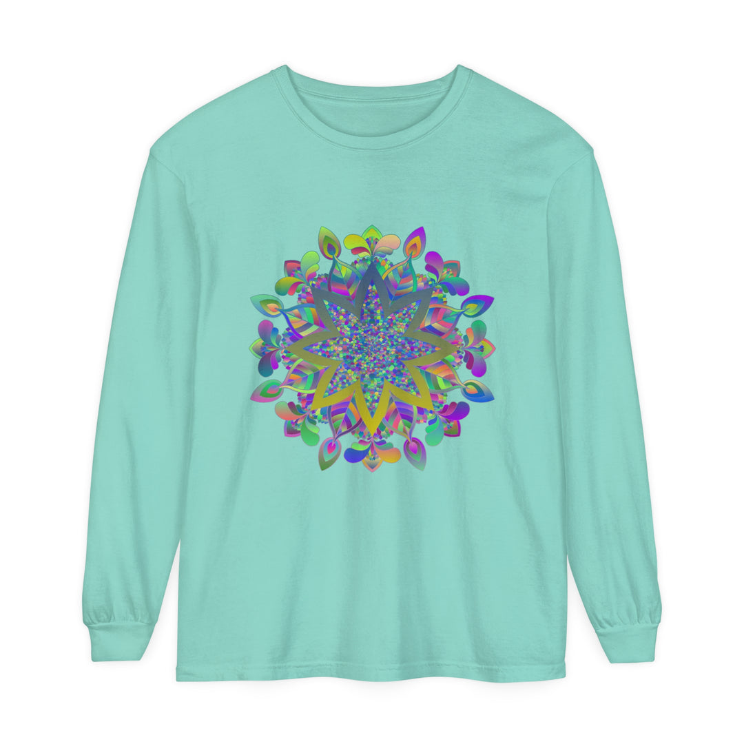 Vibrantly colored mandala design on a unisex long sleeve t-shirt