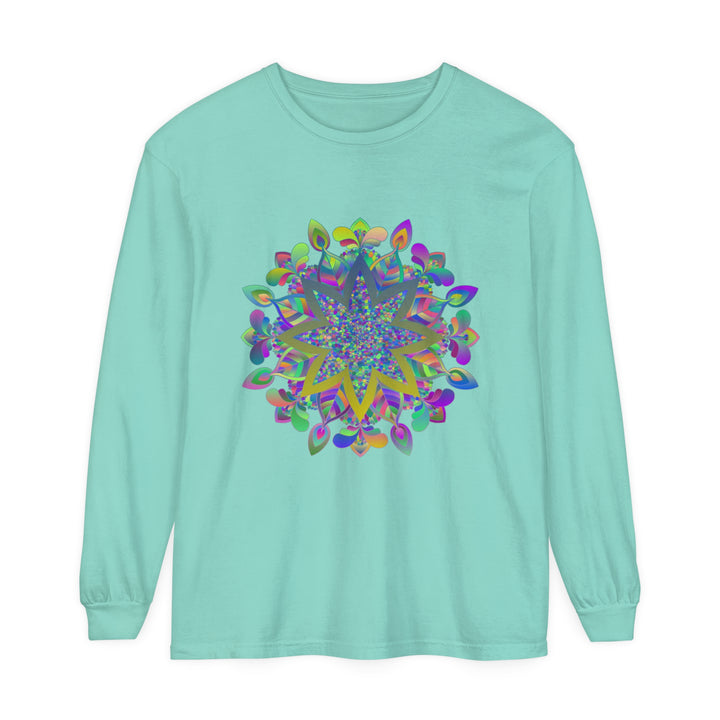 Vibrantly colored mandala design on a unisex long sleeve t-shirt