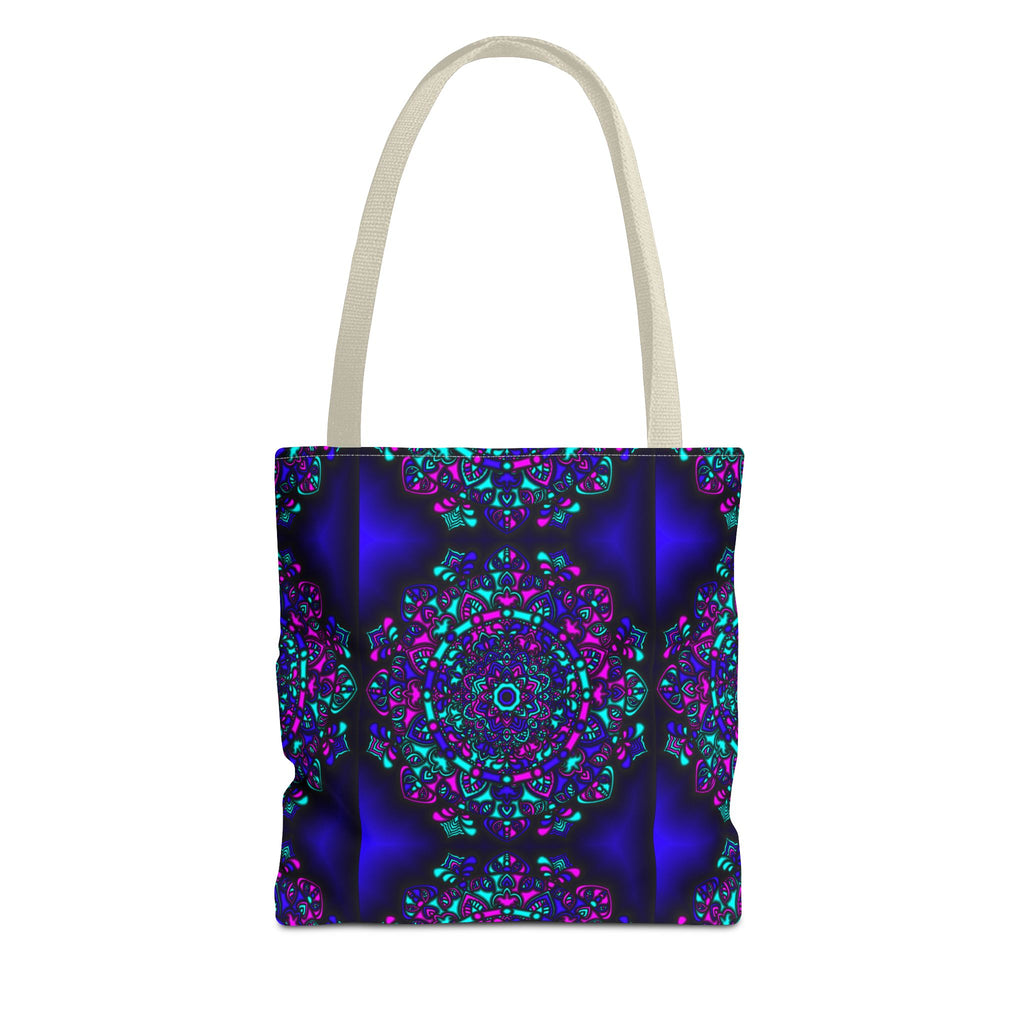 Kaleidoscope Mandala Tote Bag — Vibrant Neon Floral Pattern