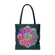 Dark green tote bag with intricate mandala design, perfect for everyday use