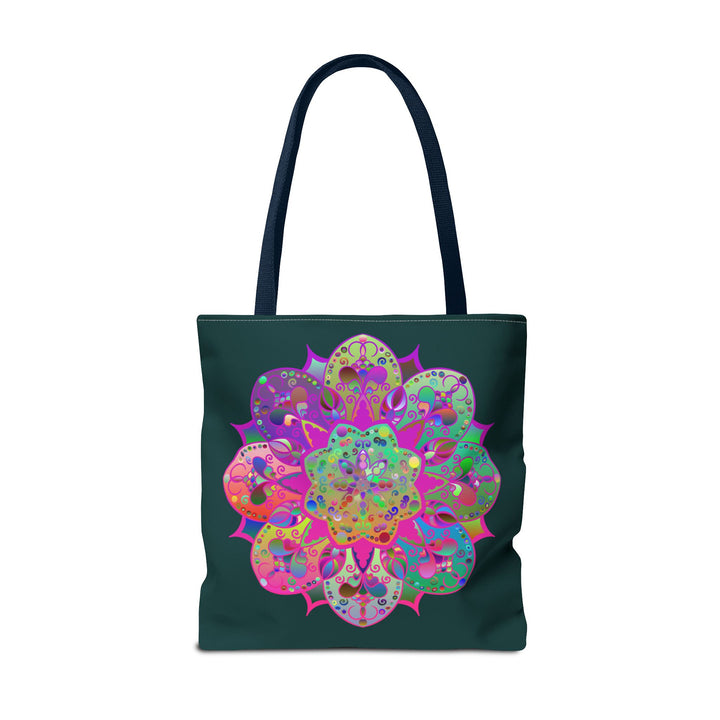 Dark green tote bag with intricate mandala design, perfect for everyday use