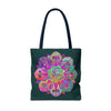 Dark green tote bag with intricate mandala design, perfect for everyday use