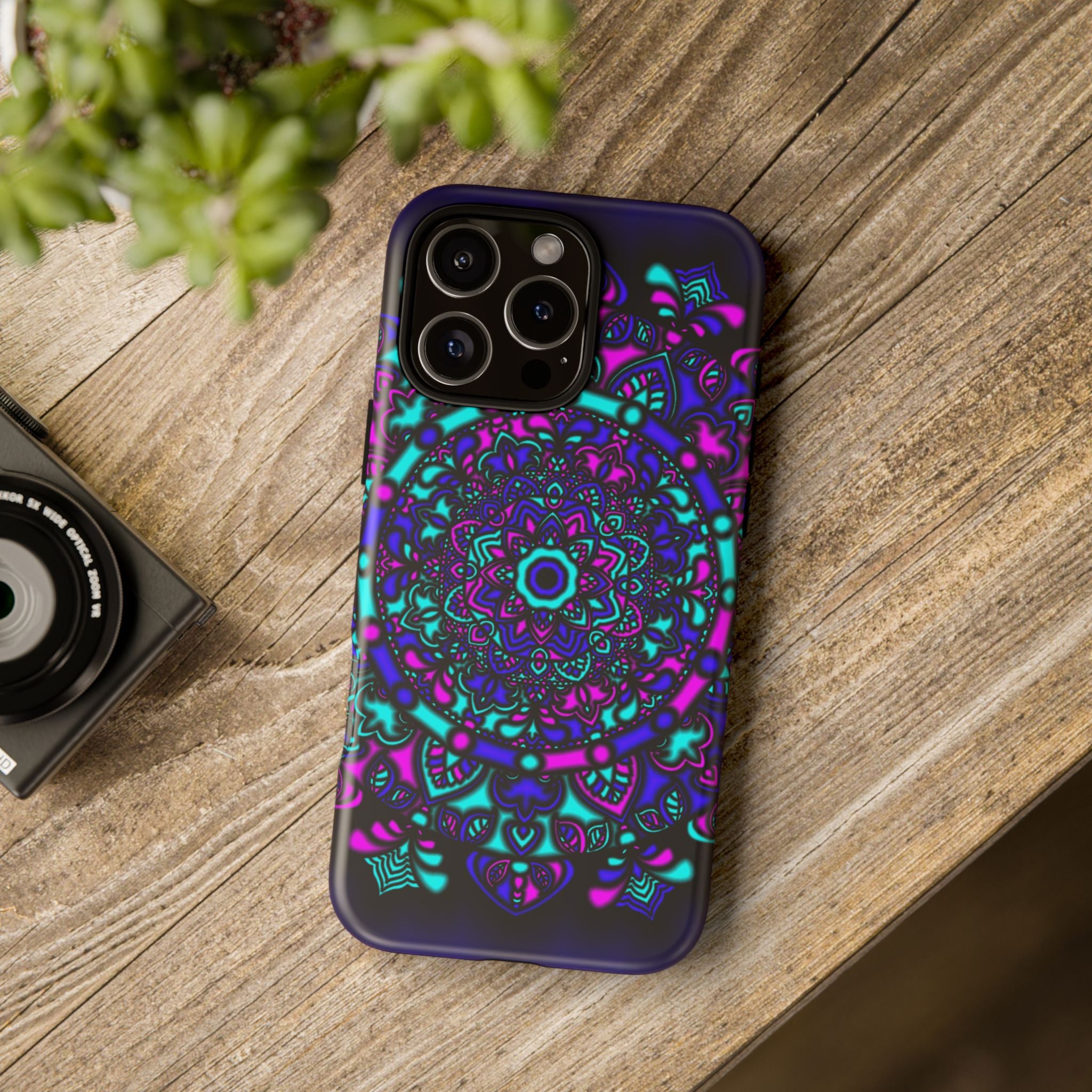 Mandala Neon Phone Case — Purple & Teal Protective Tough Case
