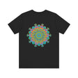 A colorful and intricate mandala design tee embodying spiritual peace and harmony