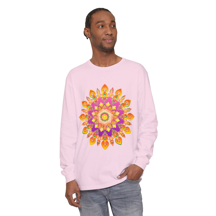 Colorful and detailed mandala design on a unisex long sleeve t-shirt